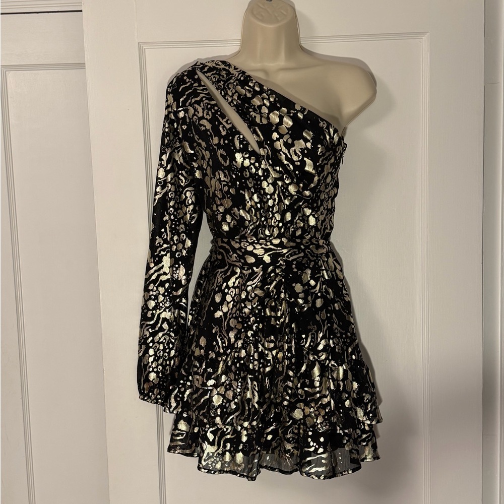 Aqua One-Shoulder Black and Gold Dress